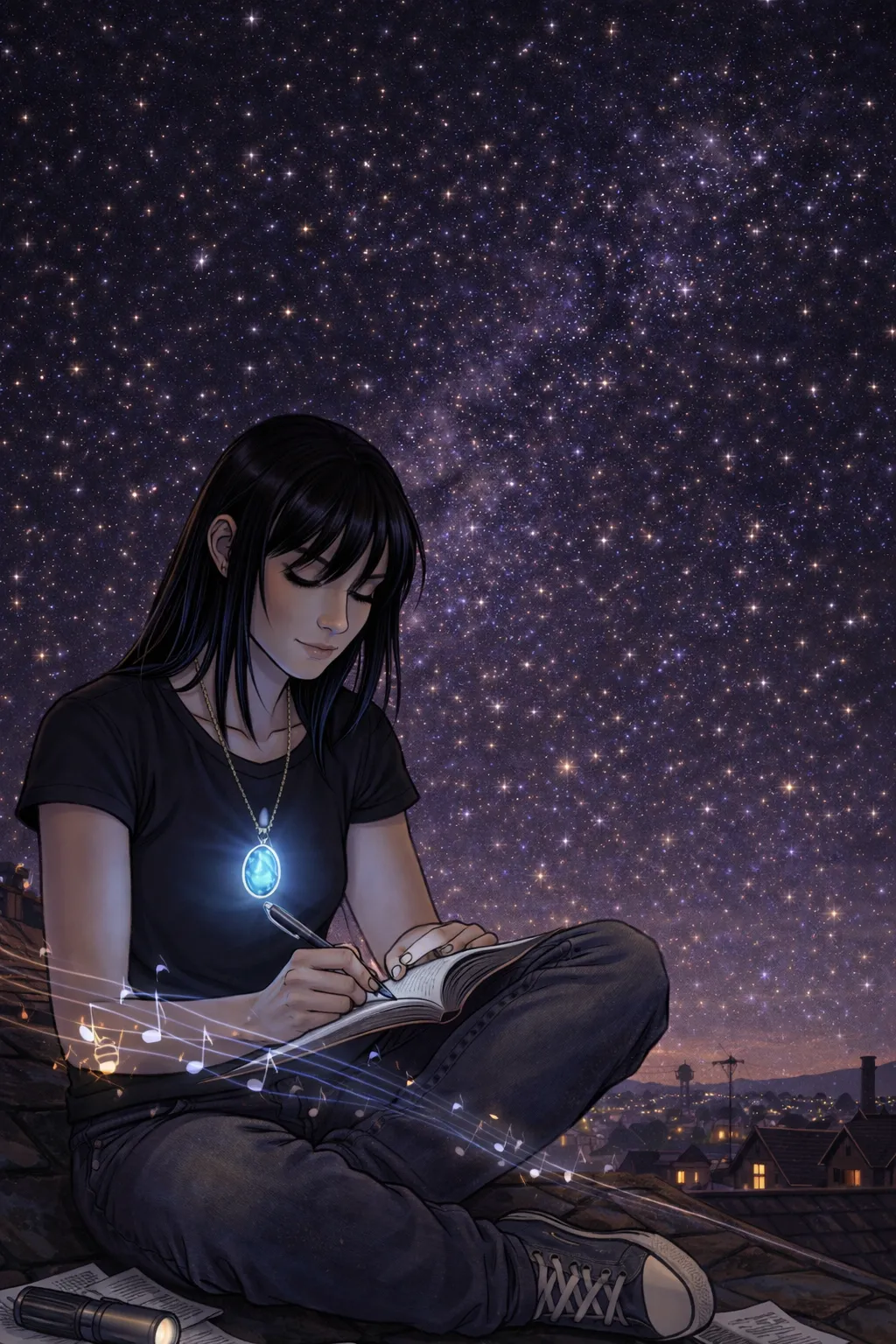 Alyssa sitzt auf dem Dach und schreibt unter dem Sternenhimmel